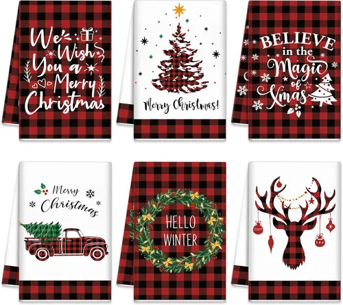 Miniatura 11 de Oudain Juego de 6 paños de cocina de Navidad, toalla de cocina de Navidad, búfalo azul, a cuadros, alce, muñeco de nieve, casa de nieve, camión