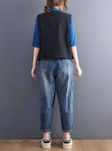 Miniatura 6 de DOVWOER - Chaleco holgado estilo vintage para mujer con botones y 2 bolsillos