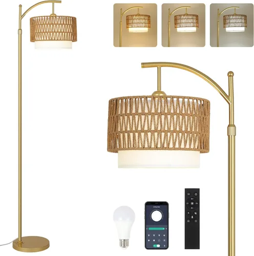 Lámparas de pie doradas para sala de estar con control remoto y bombilla LED regulable, lámpara de pie de arco moderna con 3 temperaturas de color,