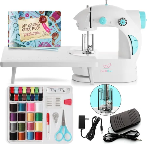 Miniatura 12 de CraftBud Mini máquina de coser para principiantes, máquina de coser portátil de doble velocidad para niños y adultos con mesa de extensión, juego
