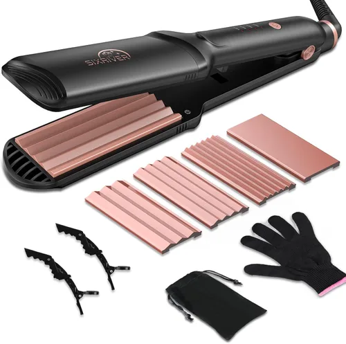 Engarzadora de cabello para mujer, 4 en 1, planchas planas de hierro de cerámica, rizador de pelo con calentamiento rápido de 15 segundos, oro rosa