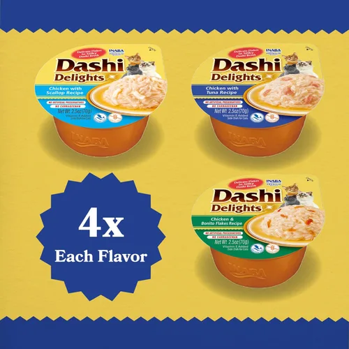 Miniatura 6 de INABA Delicias de Dashi para Gatos, Pollo Desmenuzado con Caldo de Hojuelas de Bonito, Taza de 2.5 Onzas, Total 12 Tazas, Variedad de Mariscos