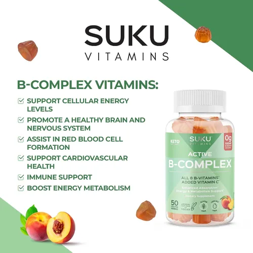 Miniatura 7 de SUKU - Gomitas de complejo de vitamina B con vitamina C – Suplemento de gomitas de complejo vegano de 8 vitaminas B sin azúcar aumenta el desarrollo