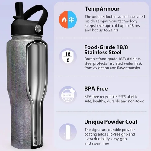Miniatura 4 de SENDESTAR Botella de agua de acero inoxidable de 40 onzas (fría durante 48 horas, caliente durante 24 horas), botella aislada al vacío de doble Gris