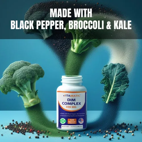 Miniatura 4 de Vitamatic DIM Complejo de suplemento para mujeres y hombres, 300 mg, 120 cápsulas vegetales, hecho con pimienta negra, brócoli en polvo y col rizada