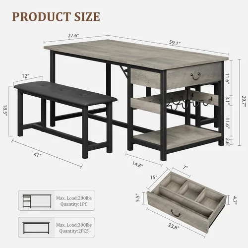 Miniatura 7 de GarveeHome Juego de mesa de comedor para 4, juego de mesa de comedor de cocina con bancos tapizados, mesa de comedor de cocina con cajones