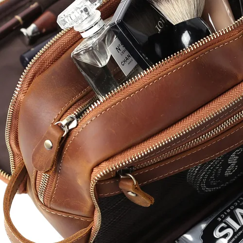 Miniatura 3 de Neceser de cuero personalizado para hombre, kit de afeitado de viaje, bolsa de cosméticos grande, organizador de baño, Negro