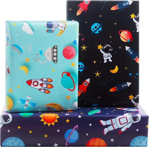 Papel de regalo de cumpleaños para niños, niñas, niños, mujeres y hombres, papel de regalo con diseño de espacio exterior, 3 diseños, 9 hojas