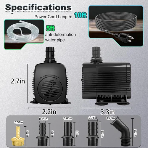 Miniatura 5 de SongLong Bomba sumergible de fuente de cable de 25 W, 400 GPH y 10 pies con tubo, protección contra sobrecalentamiento, para jardín, estanque e