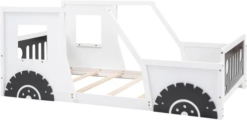 Miniatura 8 de Polibi Cama de plataforma, tamaño individual, cama clásica de madera en forma de automóvil con ruedas, cabecero, estribo, puertas, ventanas