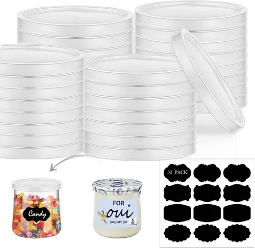 Oui - Tapas para tarros de yogur, 32 tapas de plástico para tarros de yogur selladas contra fugas, tapas de repuesto con etiqueta para tarros de 32