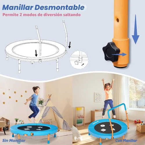 Miniatura 8 de 3FT Toddler Trampoline with Adjustable Handlebar, 36" Foldable & Spring-Free, Mini Kids Indoor Outdoor Trampoline for Ages 1-6, Noiseless Jumping