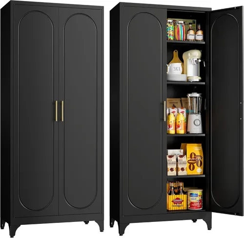 Miniatura 19 de Armario de almacenamiento de metal negro con puerta, armario de despensa de cocina con 3 estantes ajustables, armarios de almacenamiento de 60
