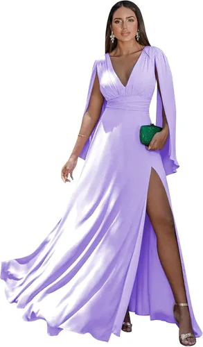 Miniatura 31 de Women's Long Sleeve Bridesmaid Dresses V-Neck Chiffon Ruched Formal Dress Evening Gown with Slit