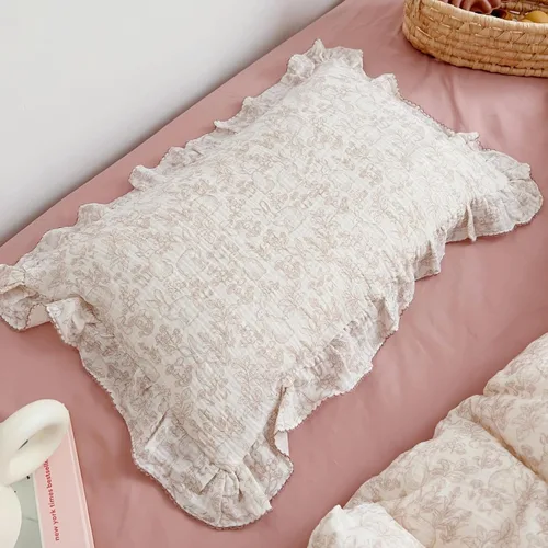 BuLuTu Funda de almohada para niños pequeños de muselina de algodón 100% con bordes con volantes, patrón de conejo lindo, funda de almohada para