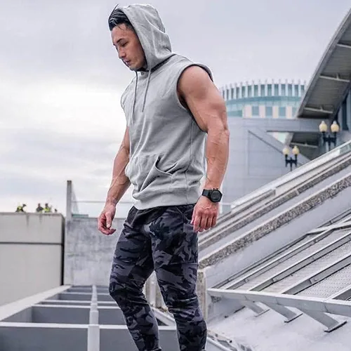 Miniatura 5 de OEAK Mens T Shirt Hooded Workout Tank Tops Sleeveless Hoodies Muscle Shirt Gym Training Blouse with Athletic Pockets
