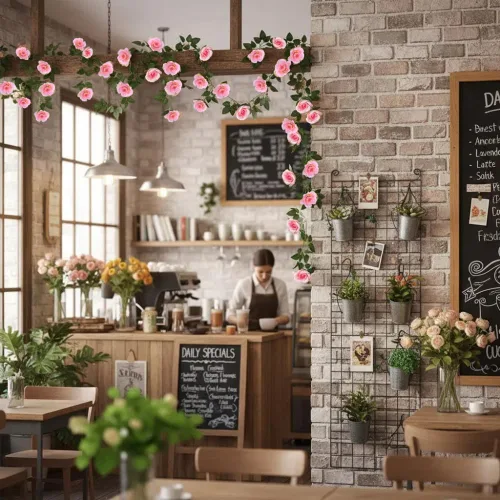 Miniatura 7 de Guirnalda de vid de rosas falsas de 16 pies, plantas artificiales para colgar, hiedra rosa, hogar, hotel, oficina, boda, fiesta, decoración