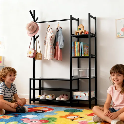 Miniatura 2 de Organizador de armario independiente 4 en 1 con perchero y zapatero y 5 estantes laterales, perchero de madera resistente para colgar ropa, armario