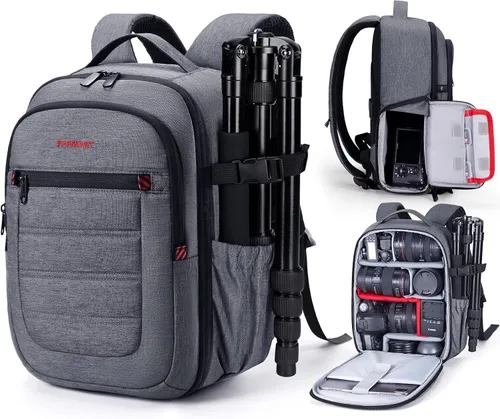 Miniatura 10 de BAGSMART Mochila para cámara, bolsas expandibles para cámara DSLR SLR para fotógrafos, mochila de viaje para fotografía con compartimento para Gris