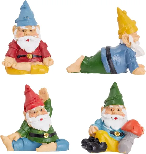 Juvale - Juego de 4 mini gnomos de jardín, estatua al aire libre en posturas divertidas para regalos de yoga, decoración de macetas (2 pulgadas)