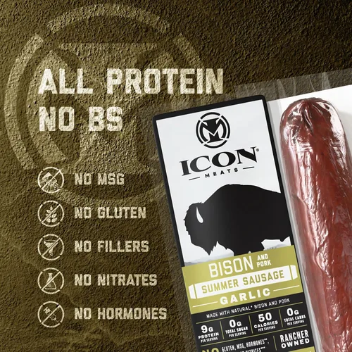 Miniatura 4 de ICON Meats Bison and Pork Summer Sausage, Garlic Flavor, 4 Pack High Protein Snacks, Individually Wrapped, Zero Sugar, Gluten Free, Natural, USDA