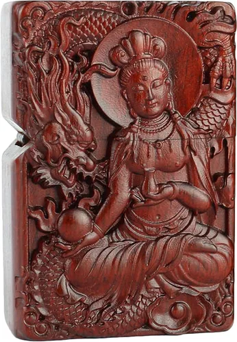Miniatura 41 de Carcasa exterior de palisandro Huanghuali natural tallado para módulo Zippo (1000 brazos Avalokiteshvara de la diosa 3#)