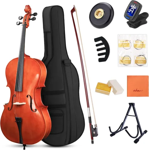 Miniatura 9 de ADM 4/4 Violonchelo acústico de tamaño completo, kit de violonchelo acústico para principiantes con bolsa portátil, soporte, arco, silenciador