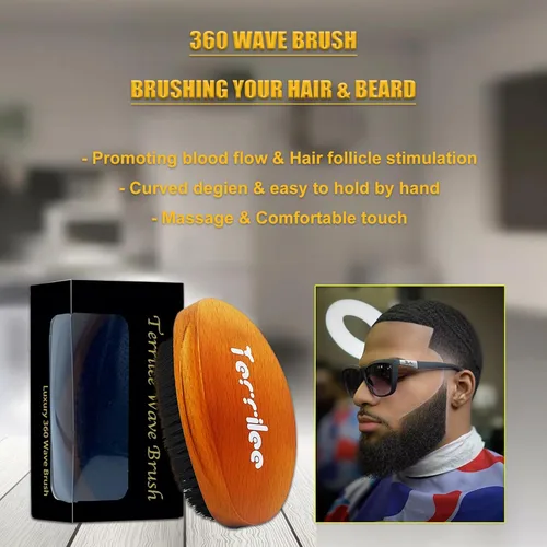 Miniatura 2 de Terrilee Pincel de onda de palma, cepillo de madera de haya curvada 360 y cerdas de jabalí para peinado de cabello ondulado para hombres