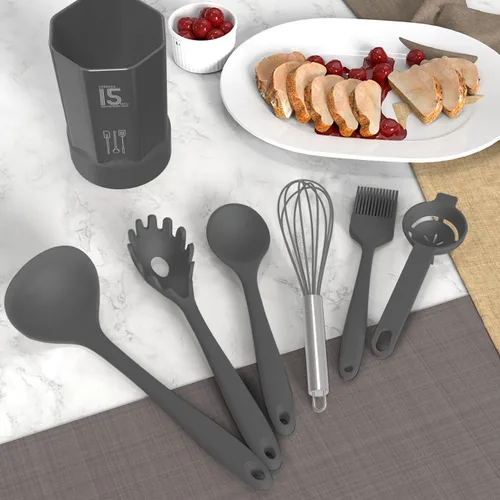 Miniatura 8 de AOTHOD Juego de utensilios de cocina de silicona, resistentes al calor de 446 °F, juegos de espátula, pinzas giratorias, cuchara, utensilios de Gris