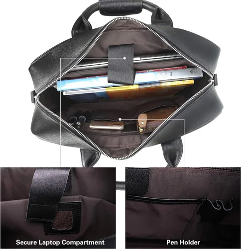 Miniatura 5 de Maletín de cuero genuino de grano completo para hombre de 16 pulgadas, bolsa de mensajero con cremalleras YKK (negro)