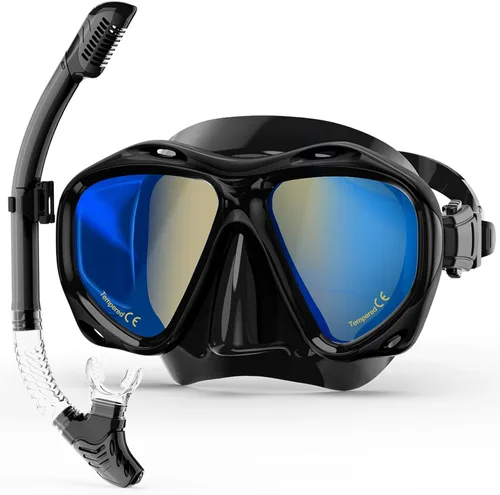 Equipo de esnórquel para adultos, máscara de esnórquel con lente de vidrio templado espejo de visión amplia de 180°, máscara de buceo antivaho,