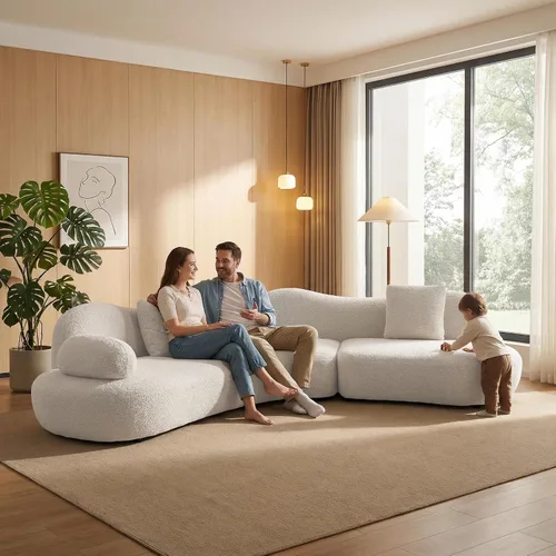 Miniatura 20 de SSC SATITUNCASA - Sofá modular curvo de 102.36 pulgadas, acogedor sofá Boucle para sala de estar, sofá de 4 plazas color crema con almohadas, sofá