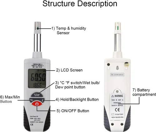 Miniatura 4 de Psicrómetro digital, mini termómetro higrómetro portátil, medidor de temperatura y humedad con punto de rocío/temperatura de bombilla húmeda y rango