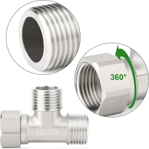 Miniatura 4 de TAISHER 2PCS Conectores en T Flexibles Móviles de 3 Vías Derecha de Acero Inoxidable 304, Macho de 1/2" para Rociador, Válvula Angular, Brazo