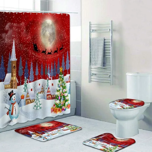 Miniatura 15 de Juego de 4 cortinas de ducha con alfombra antideslizante, cubierta para tapa de inodoro y tapete de baño, cortina de ducha de Papá Noel con 12