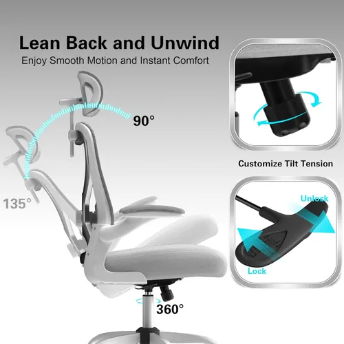 Miniatura 8 de Silla de Oficina Ergonómica para Alivio del Dolor de Espalda y Cuello, Asiento de Espuma Virgen, Apoyo Lumbar Ajustable en 2D y Reposacabezas en 3D