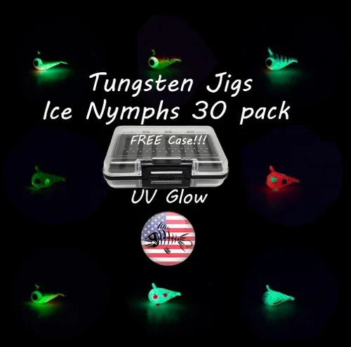 Plantillas de pesca en hielo con brillo UV de tungsteno, paquete de 30 ninfas de hielo, caja de aparejos gratis, incluida 0.157 in 1.1 gm #10