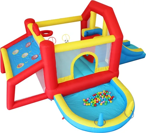 Miniatura 9 de Casa inflable de rebote para niños de 9 en 1 con tobogán alto, piscina de pelotas, juego de fútbol de habilidad, juego de sacos de arena
