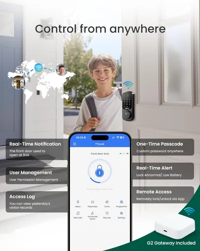 Miniatura 3 de DESLOC Smart Lock B200 versión WiFi, cerradura de puerta de entrada sin llave de huellas dactilares, control remoto de aplicación, cerraduras Negro