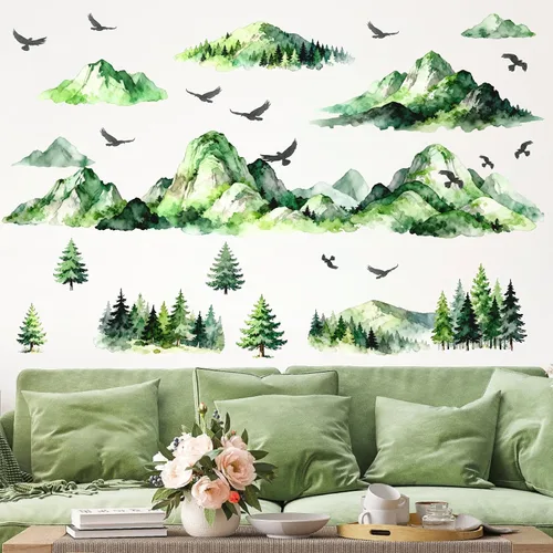 Miniatura 2 de Calcomanías de Pared de Montaña y Árbol Acuarela Calcomanías de Pared de Montaña Despegables y Adhesivas Aves Voladoras Árboles de Pino Verde