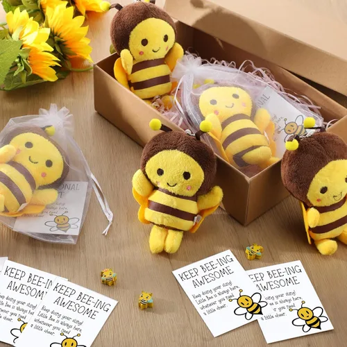 Miniatura 4 de RoundFunny 6 juegos de llaveros de abeja de peluche de 5 pulgadas con tarjetas inspiradoras y bolsas de organza para bodas, regalos de fiesta