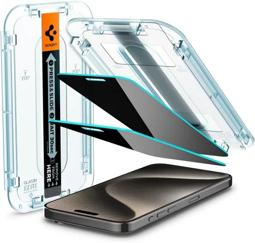 Spigen Protector de pantalla de vidrio templado [GlasTR EZ FIT - Privacy] diseñado para iPhone 15 Pro Max [compatible con fundas] - Paquete de 2 |