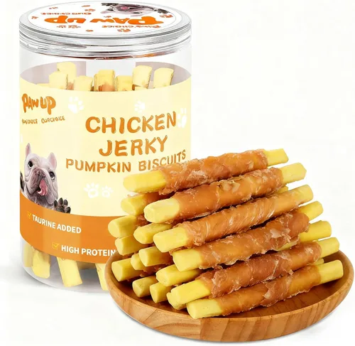 PAWUP Dog Treats - Galletas envueltas en pollo, palitos de calabaza, sin cuero crudo, suaves masticables con taurina, golosinas de entrenamiento
