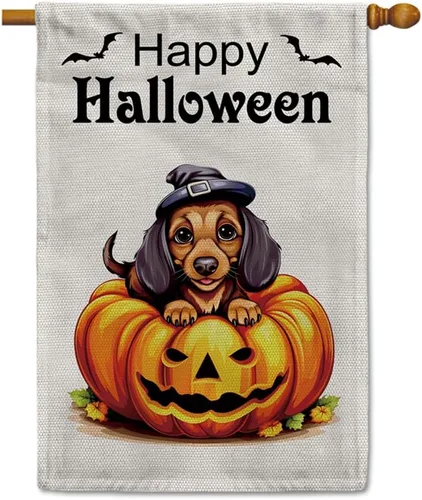 Miniatura 20 de Bandera de jardín de bulldog de Halloween de 12.5 x 18 pulgadas, vertical, doble cara, calabaza de Feliz Halloween, linda cachorro, decoración