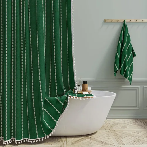 Miniatura 35 de BTTN - Cortina de ducha bohemia para cubículo de 36x72 - Juego de cortina de lino estrecha ultra gruesa con rayas y borlas, con 6 ganchos, cortinas