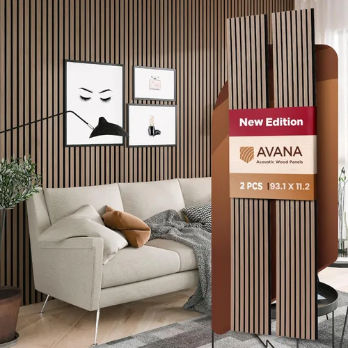Miniatura 60 de Avana Paneles de pared de madera acústica de 94.4 x 12.6 pulgadas, 2 piezas de paneles acústicos de roble negro, paneles de pared para decoración