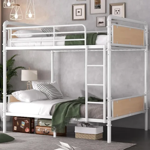Miniatura 9 de KEIKI Litera de metal desmontable de tamaño individual sobre individual con escaleras, cabecera de MDF y barandilla, para 4, litera en forma de L