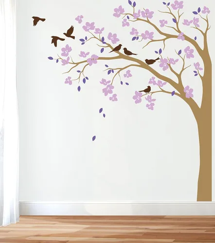 Miniatura 12 de Adhesivo decorativo para pared de árbol de esquina grande con flores grandes, pájaros y hojas para cuarto de bebé, mural 087