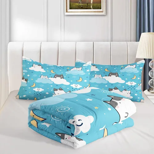 Miniatura 4 de QOOMO - Juego de edredón de tamaño individual con gatos, juego de edredón azul con nubes para niños, adolescentes, niñas y niños, juego de cama de 3