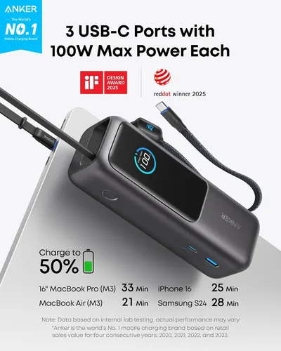 Miniatura 2 de Anker Batería portátil para laptop, cargador portátil de 25,000 mAh con triples puertos USB-C de 100W, cables retráctiles incorporados, aprobado
